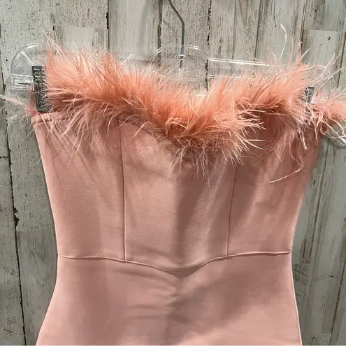 Pink Strapless Bodycon Fuzzy Feather Top Event Dress Knee Length Sexy