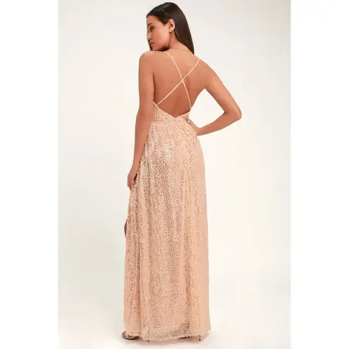 LULUS Jane Ann Blush Pink Sequin Maxi Dress Cross Back Strap Wedding Bridesmaid Size M