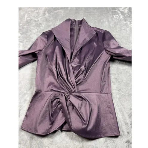 Tadashi Shoji Purple Shimmer Evening Peplum Blouse Ruched Sleeve Size 8 Elegant