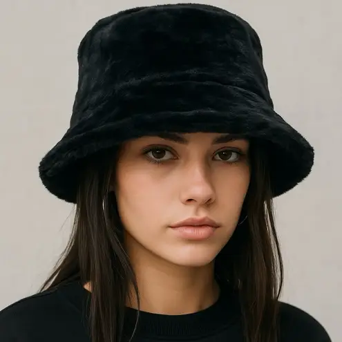 Black Faux Fur Bucket Hat Winter Soft Plush Fuzzy Warm Outerwear Unisex One Size