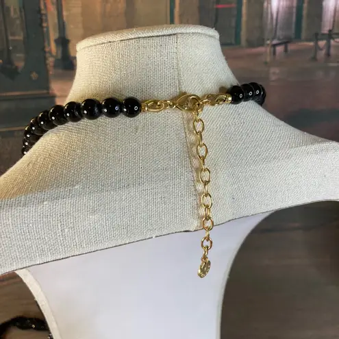 Talbots 0088 Y2K  Black Onyx Glass & Enamel Bead Art-Deco Style Necklace EUC