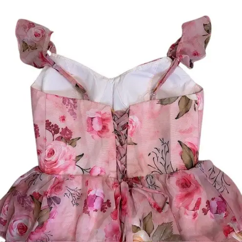 Floral Pink Maxi Dress Ruffle Tiered Corset Back Party Wedding Homecoming Prom Size 8