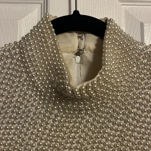Vintage 1980s VIE by VICTORIA ROYAL Faux Pearl Mock Neck Top Size S White