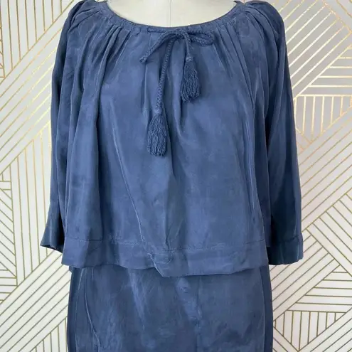 Apiece Apart Dress Cape Sleeve Layered Sheath Tasseled Cupro Navy Blue Size 6