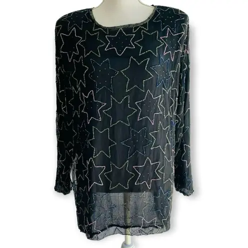 American Vintage Crimson Blouse Vintage Beaded Stars Novelty Long Sleeve Keyhole Black 100% Silk