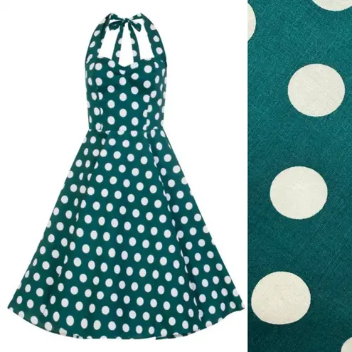 Hell Bunny Vixen Mariam Halter Swing Fit & Flare 50’s Retro Midi Dress Teal Dot