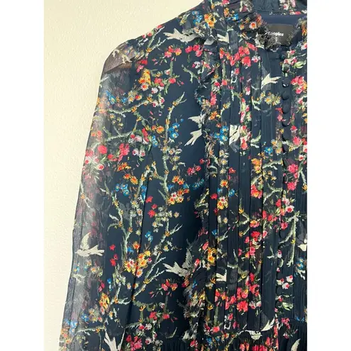 The Kooples Sheer Floral Bird Silk Tiered Ruffle Dress Whimsical Cottagecore