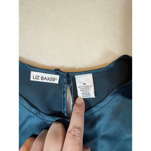 Liz Baker Teal Satin Short Sleeve Keyhole Neck Blouse Top Women's Size 14