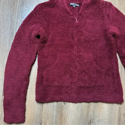 Barefoot Dreams CozyChic Relaxed Zip-Up Hoodie in Dark Red Size Large Pockets