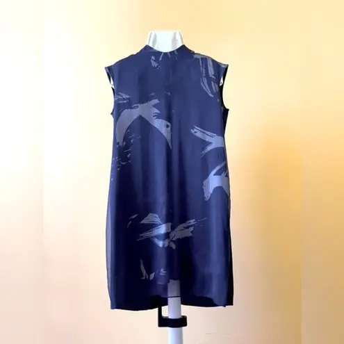 Printed Blue Sleeveless Shift Shirt Dress Boho Feminine Zip Up Medium