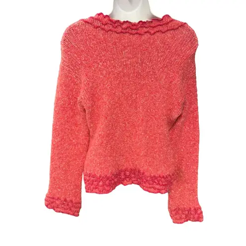 John fee Magic Women's Coral Textured Knit Sweater Boat Neck Ruffled Trim Large Pink