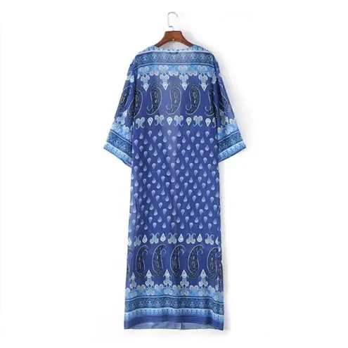 Chiffon Beach Kimono Cardigan Floral Print size L Blue Size L