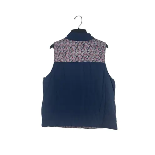 Denim & Company M Quilted Blue Floral Print Puffy Vest Pocketed Snap Button Size M