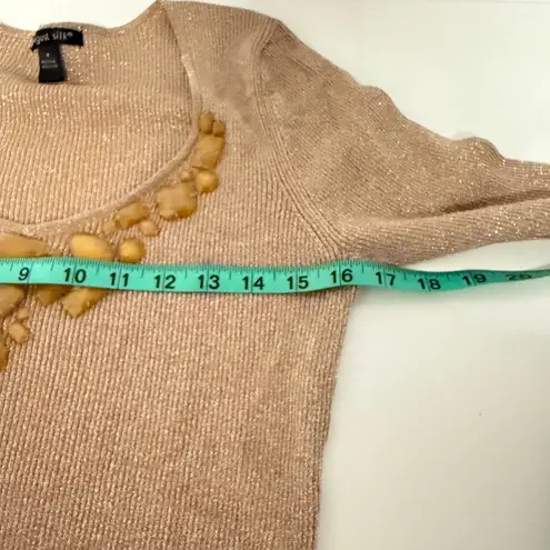 August Silk Bejeweled Neck Metallic Ribbed Sweater Size Med Shimmer Glam Sparkle