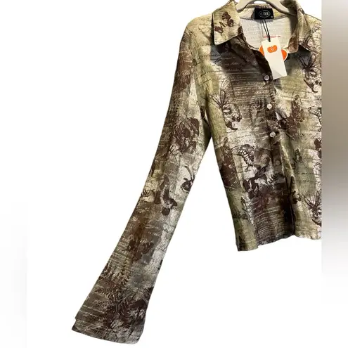 Cider NWT button down long sleeve butterfly detail XL green brown blouse top y2k