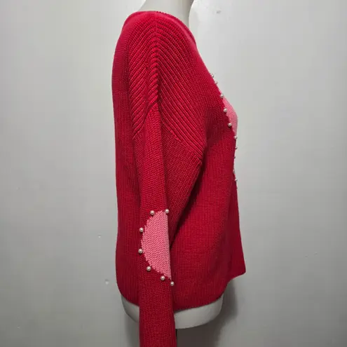 INC International Concepts Heart Color Block Pearl Detail Sweater Red