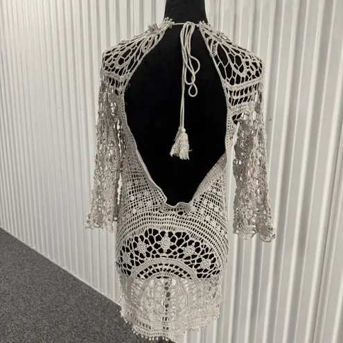 Women’s Taupe Open Knit Bohemian Long Sleeve Dress Labeled One Size Fits Medium Tan