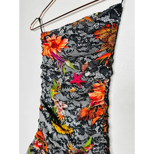 FUZZI Black Red Floral Strapless Lace Mesh Romper Size Medium
