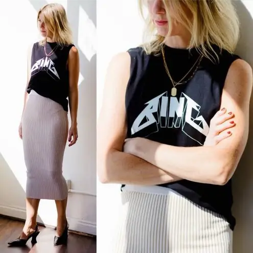 ANINE BING Julian Ribbed Knit Pencil Stretch Fitted Skirt in Ivory Cream