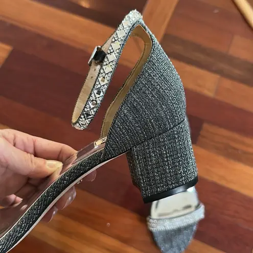 Badgley Mischka Silver Diamond Block Heels Cocktail Party Glam Glitter Holiday