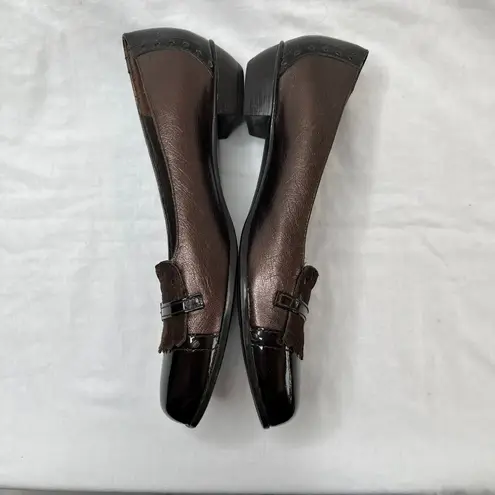 Munro American Womens 8 N Brown Patent Leather And Suede Fringe Buckle Loafer