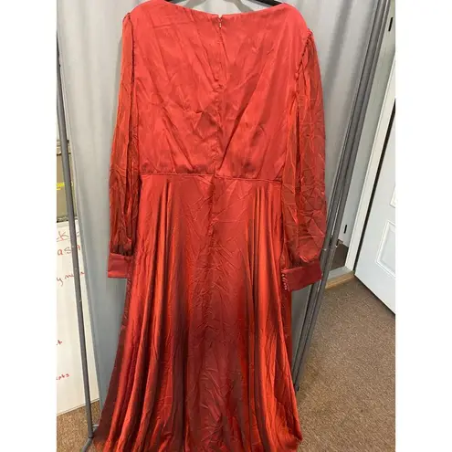 Mac Duggal Blouson Dress Women's 18 Red Sheer Long Sleeve Surplice Ball Gown B4