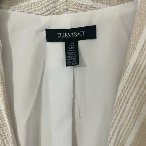 Ellen Tracy Linen Blend Striped Neutral 3/4 Sleeve Blazer Size Medium Coastal