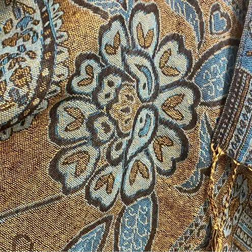 Blue Green Floral Indian Pashmina Wrap Scarf Fringe Tassel Womens One Size