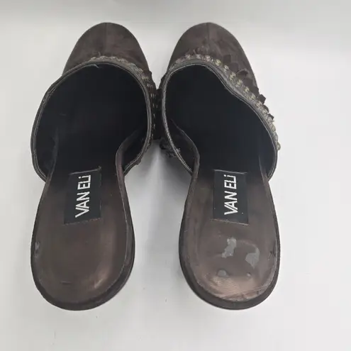 Van Eli Brown Suede Studded Clog Mules Heels Fringe Trim Slip On Women’s 9W Boho Size 9