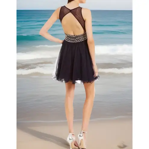 Blondie Nites black short Illusion Yoke Pearl Embellished Back Swing dress- 11