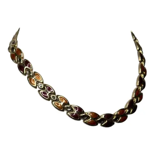 Vintage Goldtone Multicolor Enamel Panel Link Collar Necklace 17” Choker Neutral Gold