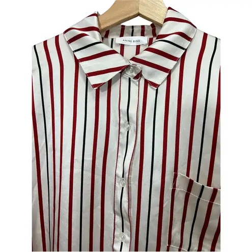 ANINE BING Mia Silk Striped Buttoned Cuffs Blouse