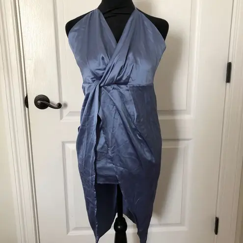 Cider Womens Blue Halter Wrap Dress Elegant Sleeveless Design With Tie Back