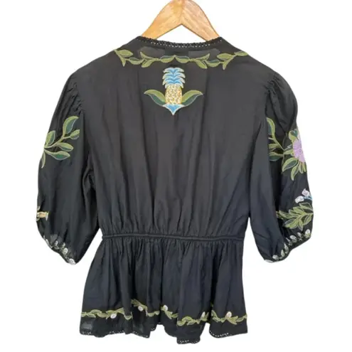 Farm Rio Anthropologie Winter Garden Embroidered Blouse Black Purple Size Small