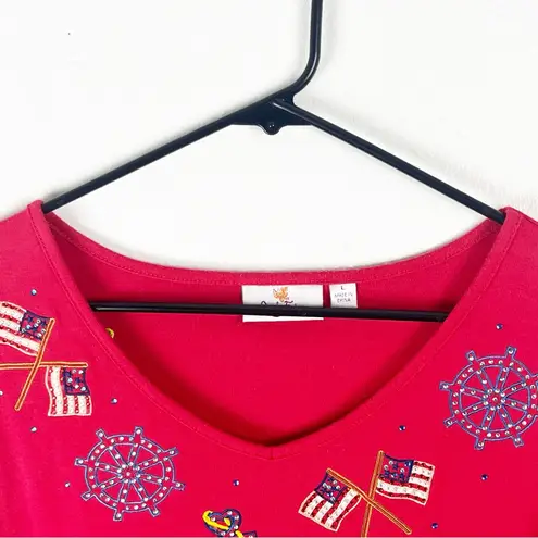 Quacker Factory Red Long Sleeves Embellished Beaded Patriotic Top, Size Large
