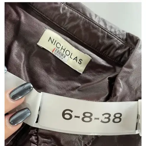 Nicholas Dress Womens 6 Brown Larisa Faux Leather Midi Button Front Ruffle Hem