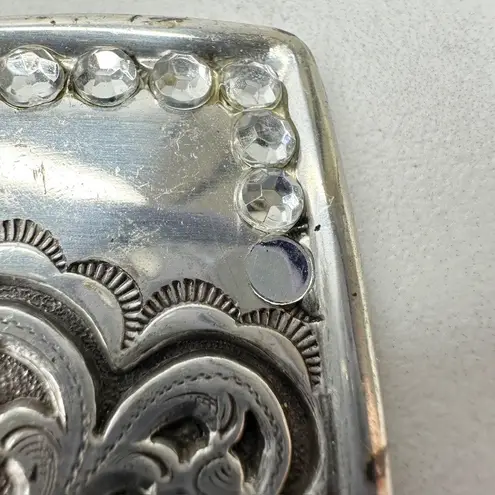 Vintage 1995 Western Rhinestone Belt Buckle Flower Scroll Silver ✨