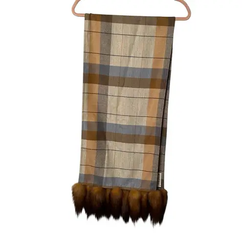 Vintage André Laug for Audrey Plaid Wool Scarf w/ Real Fox Tail Trim