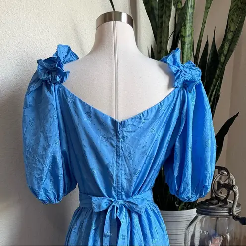 Vintage 70s Prairie Dress Blue Puff Sleeve Floral ILGWU Union Made Size M