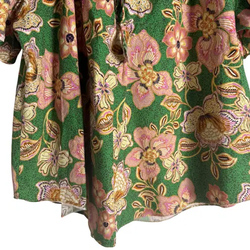 Misa Suparna Green Floral Print Cap Sleeve Tie Neck Peasant Blouse Size Large
