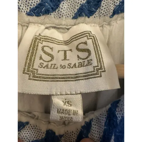 Sail To Sable Geo Stripe Ruffle Neck Dress 100% Cotton Blue White Size XS EUC