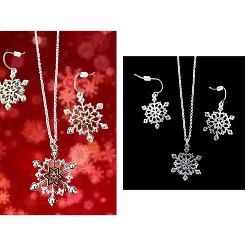 Snowflake Necklace Earrings Set 16" Chain New Reversible Festive Winter… Gold