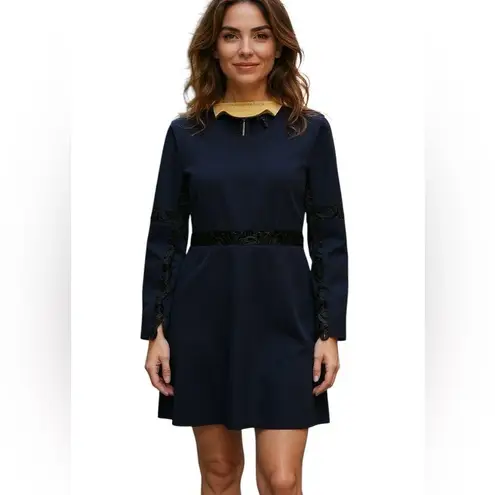 Maje Navy Blue Mandarin Collar Sheath Long Sleeve Dress