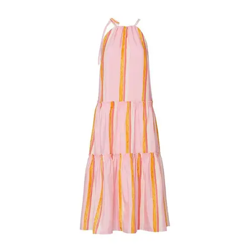 Club Monaco Amirra Dress Women's 10 Pink Striped Silk Sleeveless Midi Tiered RTR