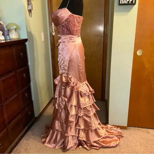 NWOT pink satin mermaid prom dress strapless corset lace up back front slit 4