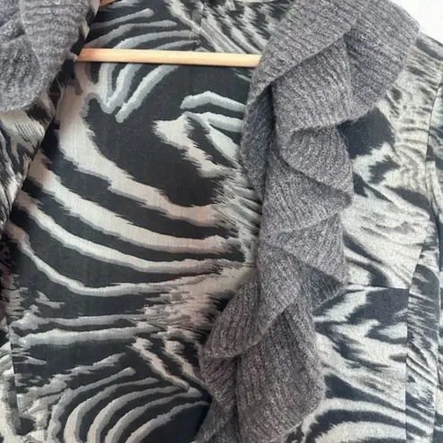 Alberto Makali gray animal print drapery ruffle cardigan sweater size M