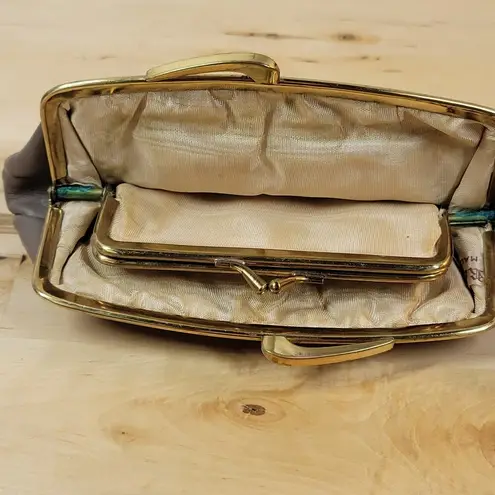 Vintage Clasp Clutch Pocketbook Womens 7" Gray Gold Frame Purse Evening Bag