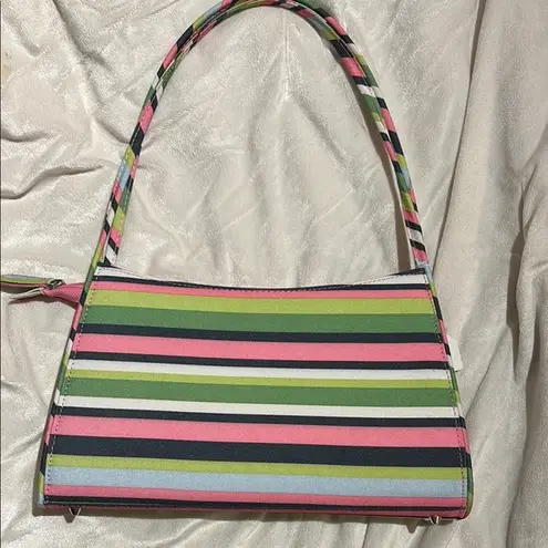 STRIPED MULTICOLORED SHOULDER BAG PINK GREEN BLUE CANVAS LIKE BAG THIN HANDLES