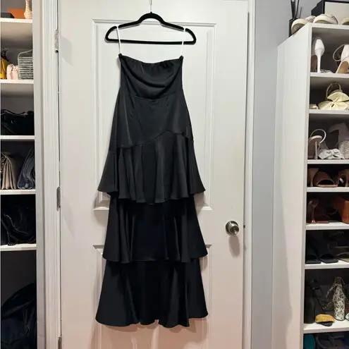 Blissfully Beautiful Black Satin Strapless Tiered Maxi Dress Size XS