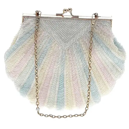 Pastel rainbow beaded clamshell handbag Pink